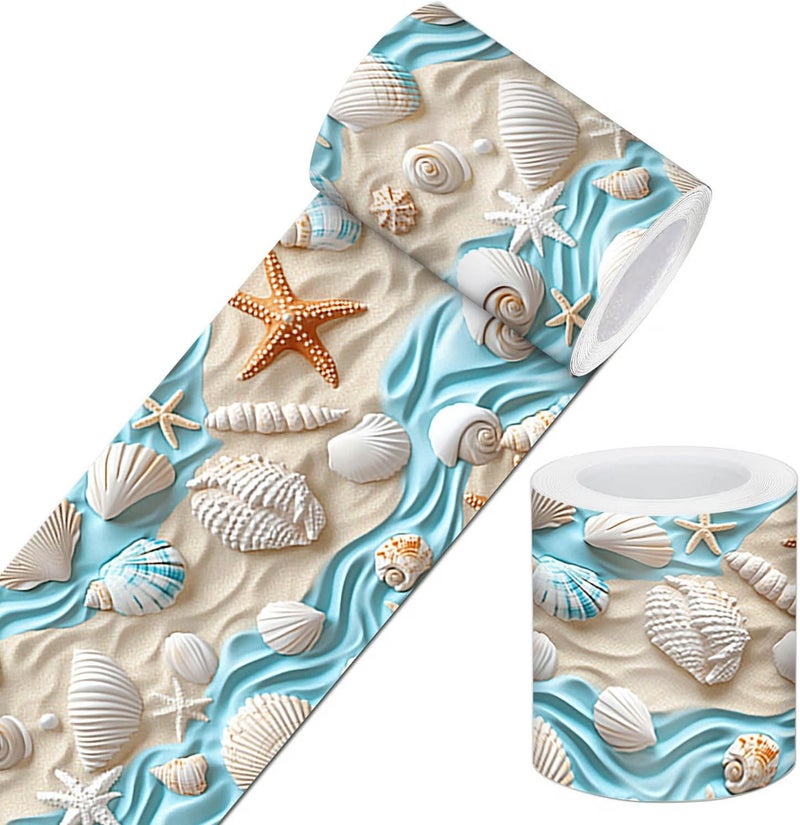 IVN Wallpaper Border Peeling and pasting Wall Ocean Shell Starfish Pattern Decoration Wall Decoration self-Adhesive Border Bedroom Kitchen Living Room Frame Decoration Strip 4x196 inches - Image 1
